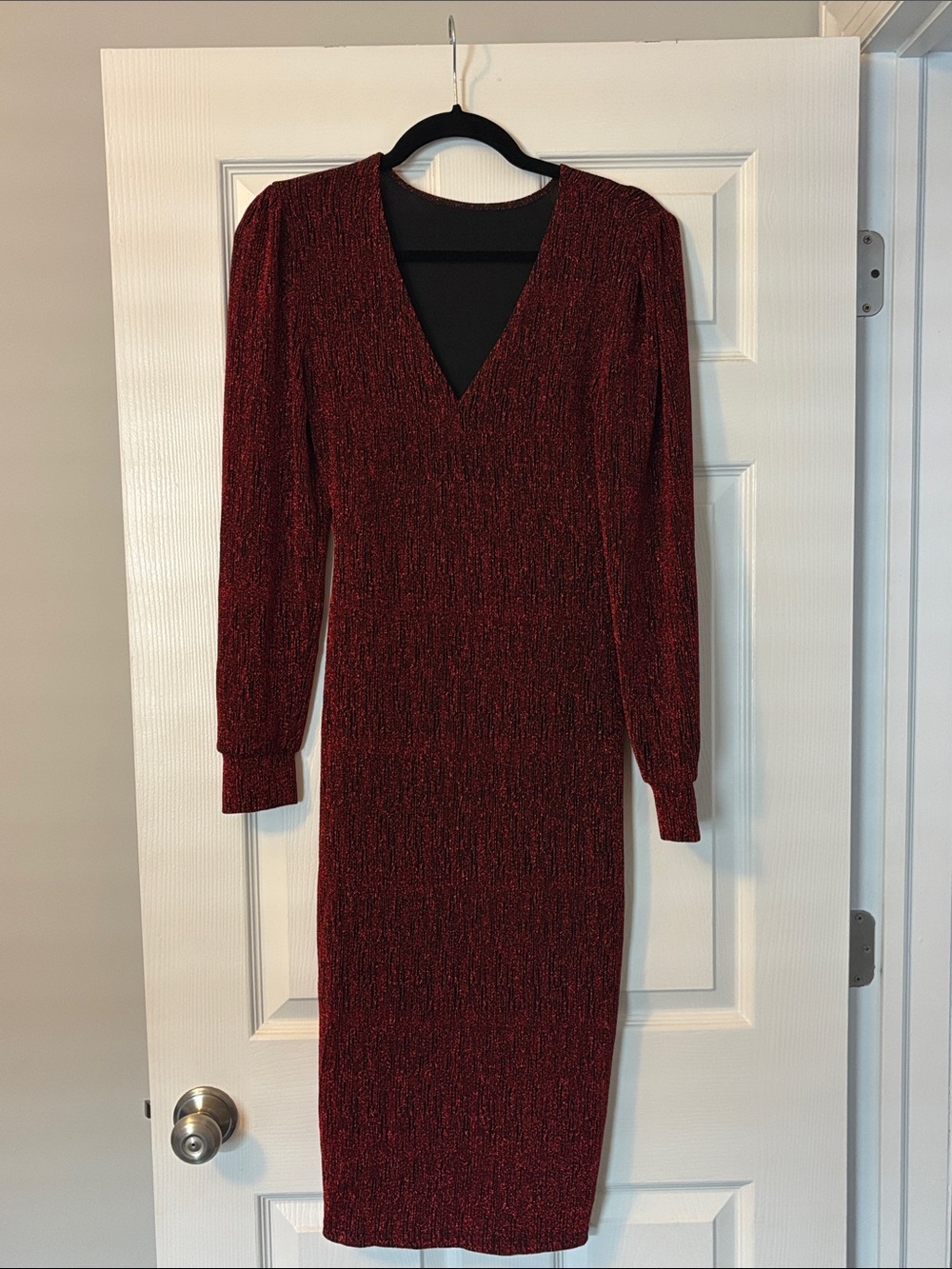 Women’s V-Neck Long Sleeve Burgundy Sheer Sparkle Dress